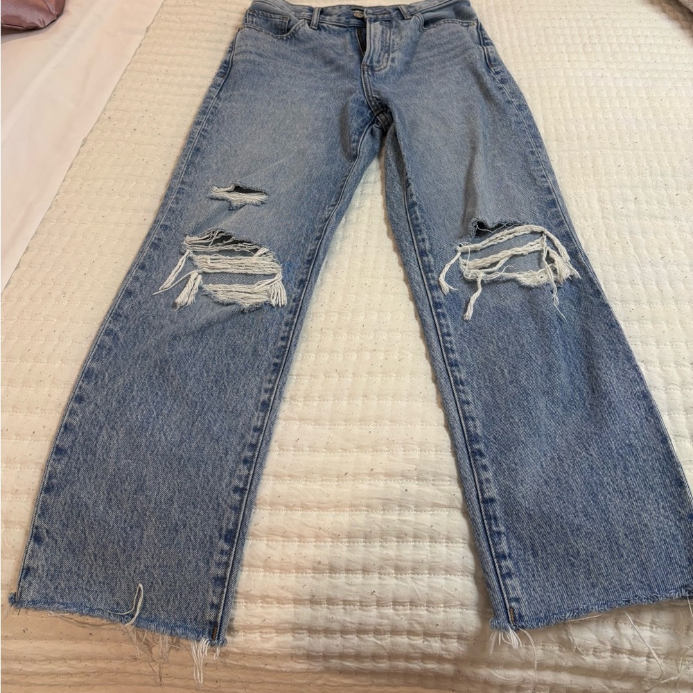 Express Light Blue Distressed Straight Leg Jeans